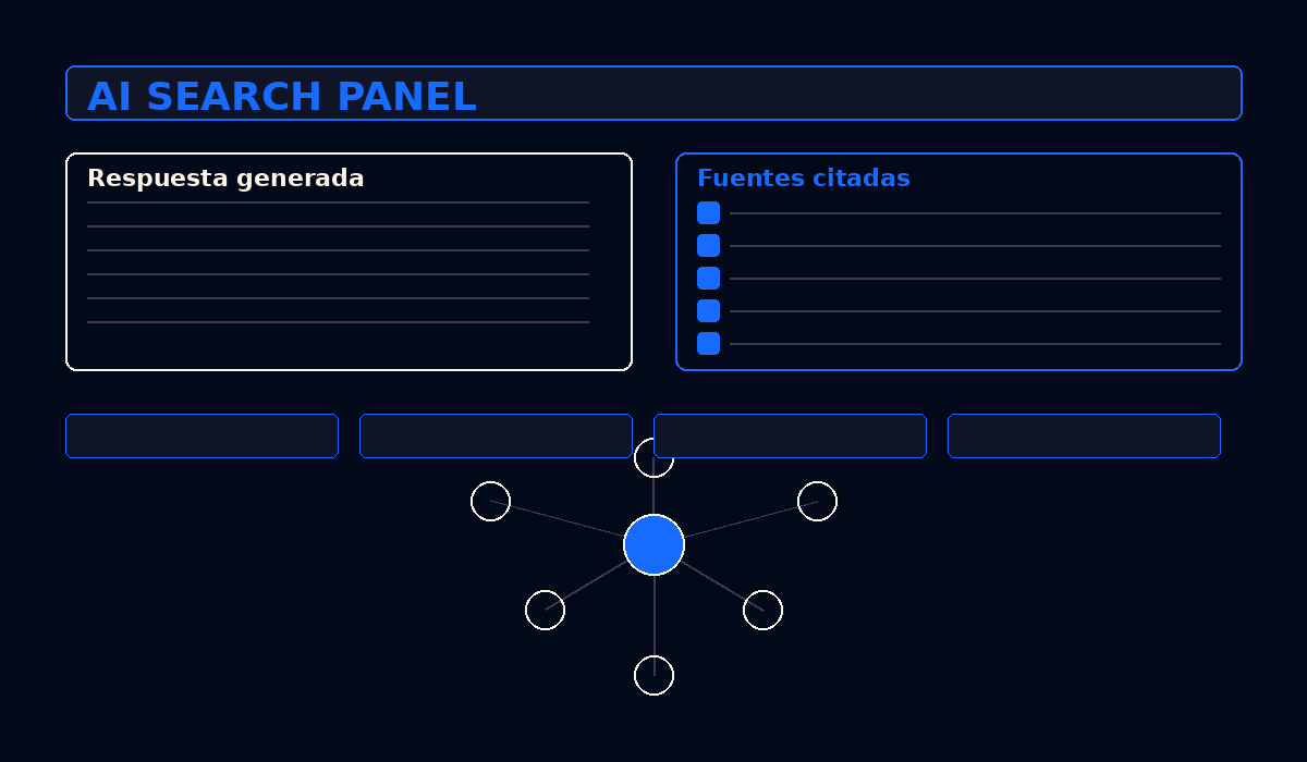 Panel de respuesta de IA con fuentes citadas estructura de contenido y entidades conectadas